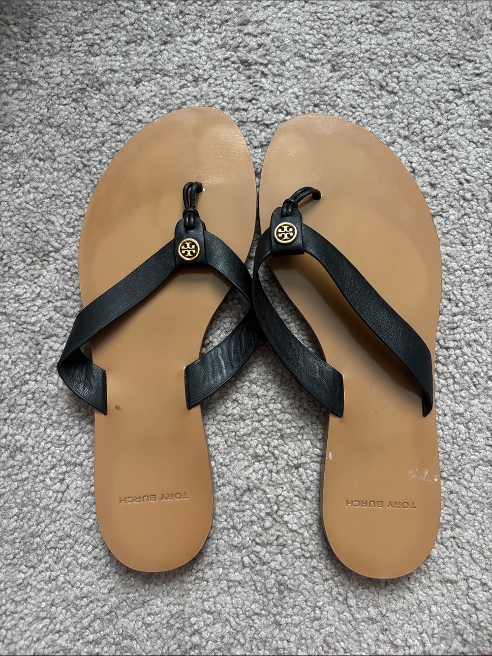 Tory Burch Black and Tan Leather Thong Sandals